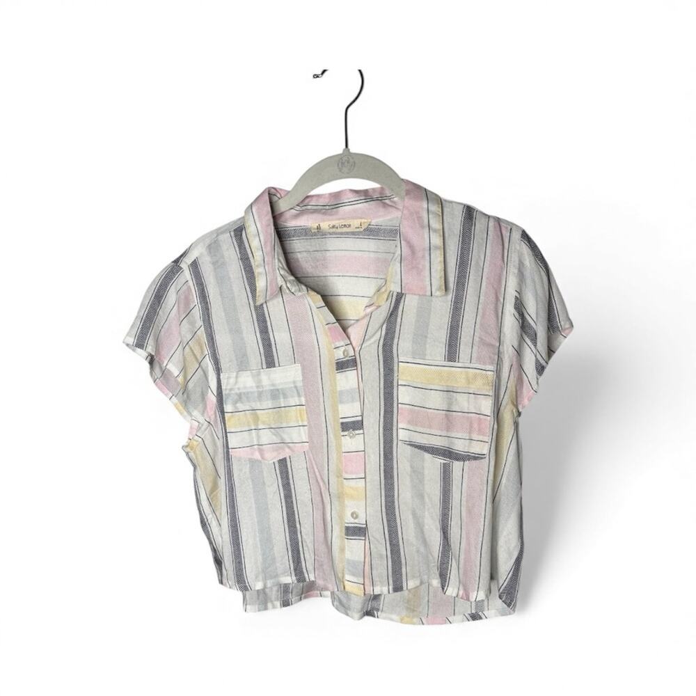 Salty Lemons Pink White Striped Button Front Cropped Top Large